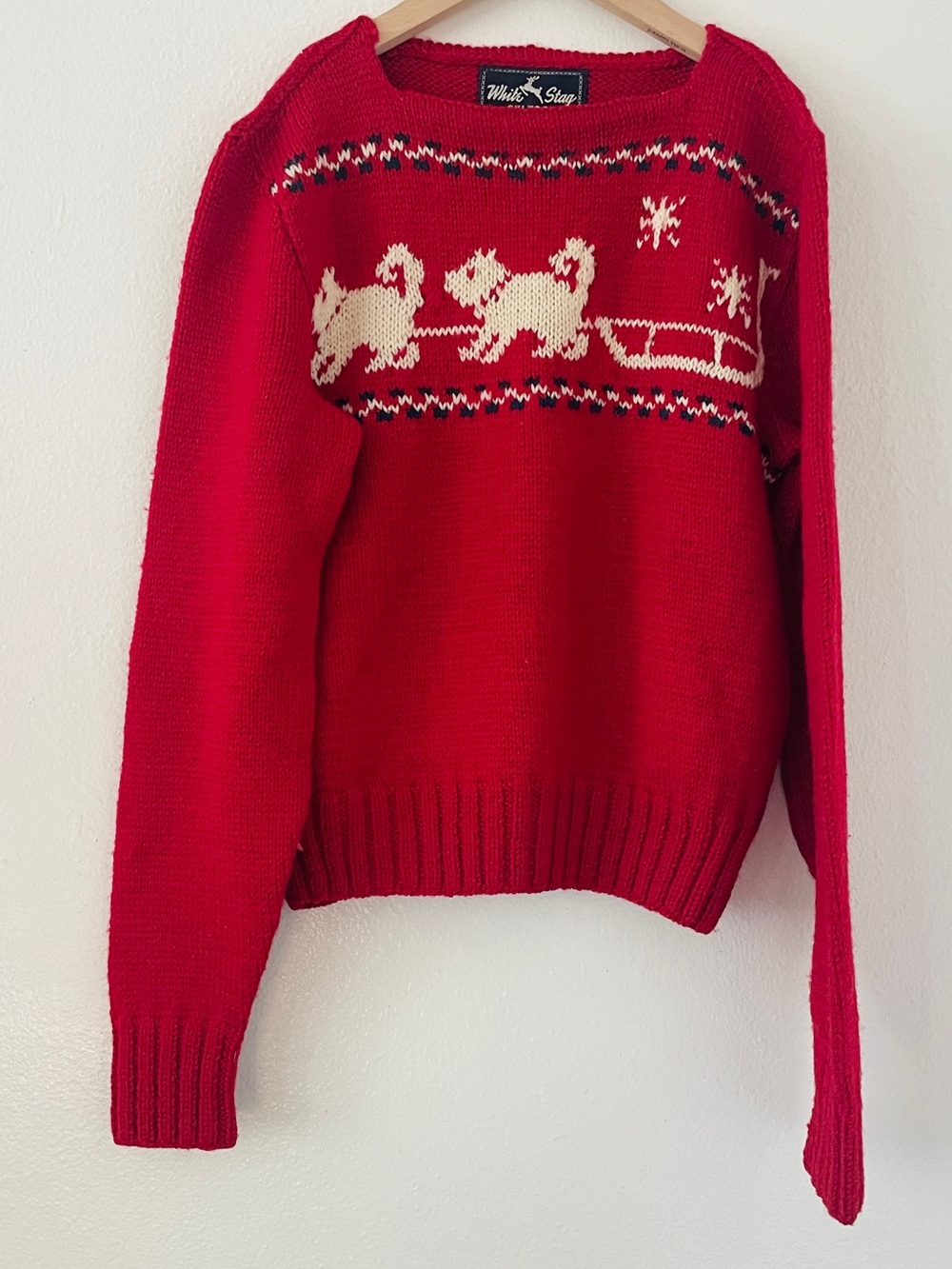 Vintage White Stag Ski Togs Red White Holiday Sled Dog Sweater